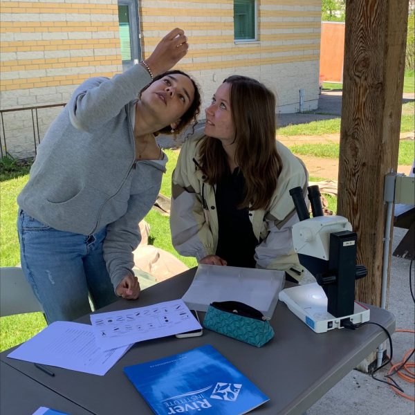 Students observing with a microscope.